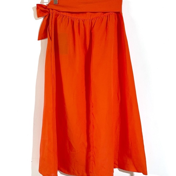 Piombo Linen Bright Orange Midi Skirt With attached Belt Size 6 Side Pocket NWT - Picture 5 of 12